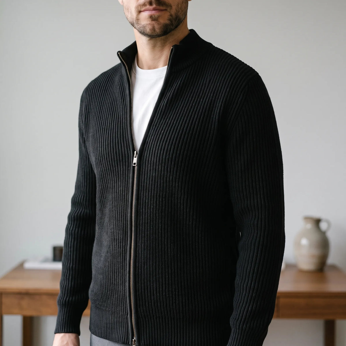 Men's ribbed zip-up cardigan with high collar and long sleeves
