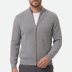 Men's ribbed zip-up cardigan with high collar and long sleeves