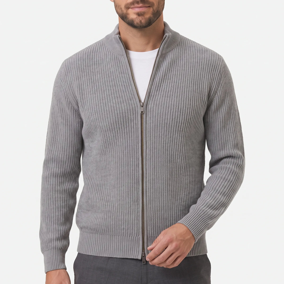 Men's ribbed zip-up cardigan with high collar and long sleeves