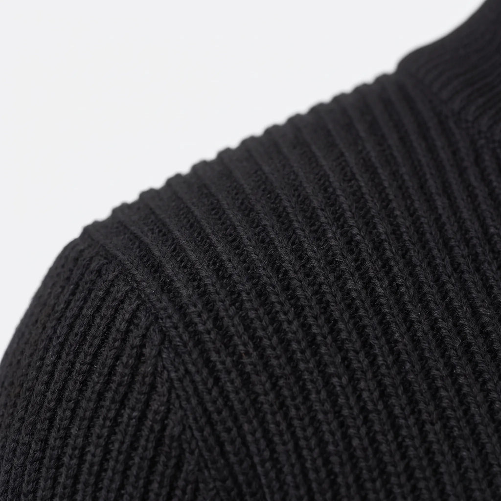 Men's ribbed zip-up cardigan with high collar and long sleeves