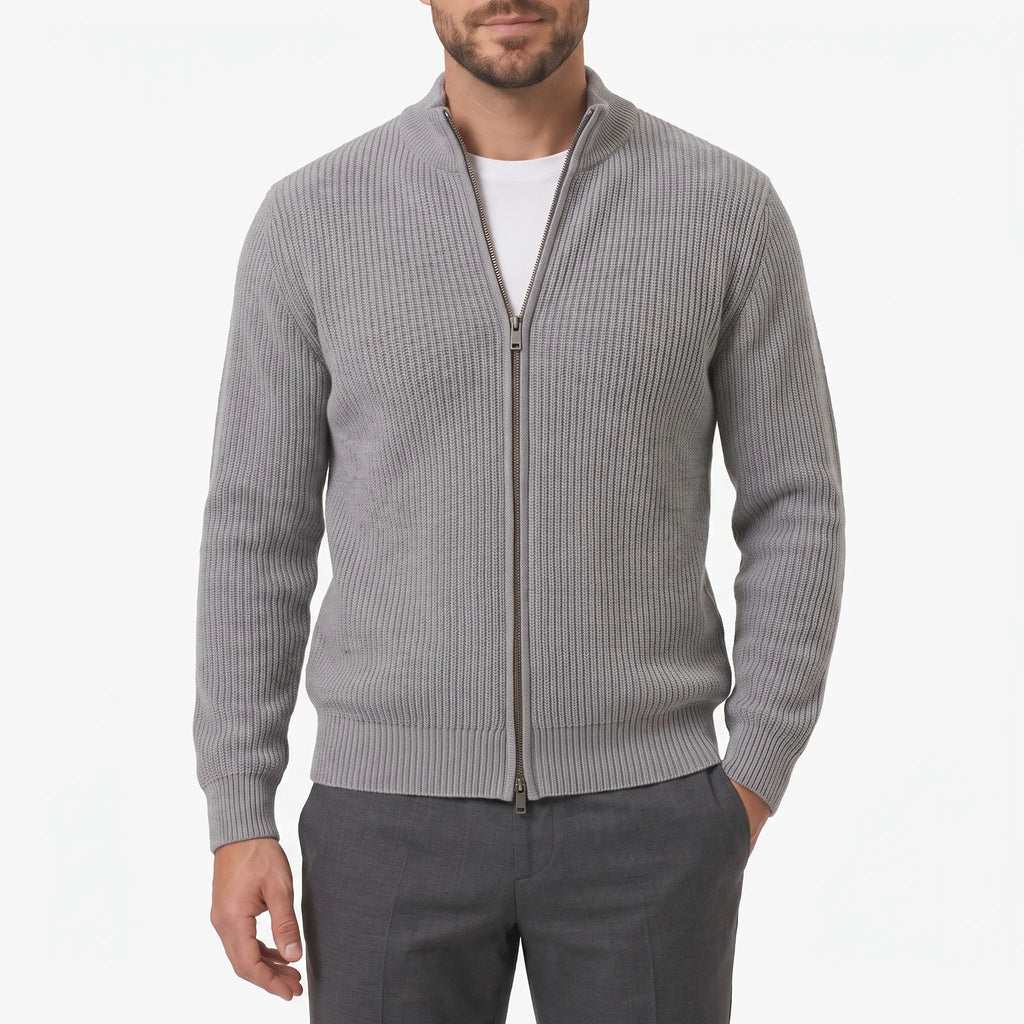 Men's ribbed zip-up cardigan with high collar and long sleeves