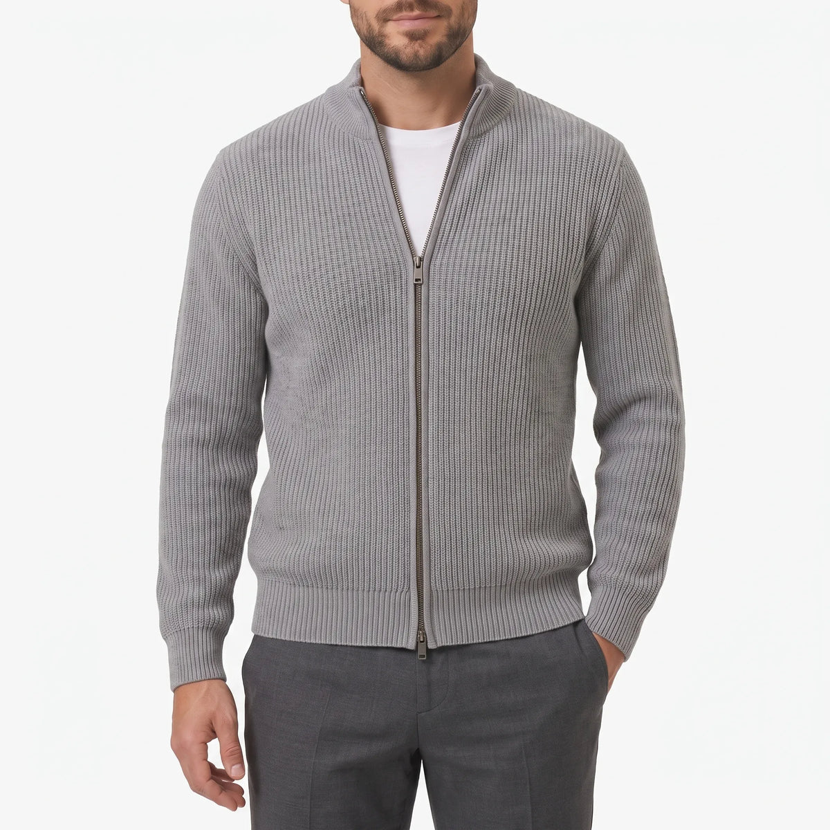 Men's ribbed zip-up cardigan with high collar and long sleeves