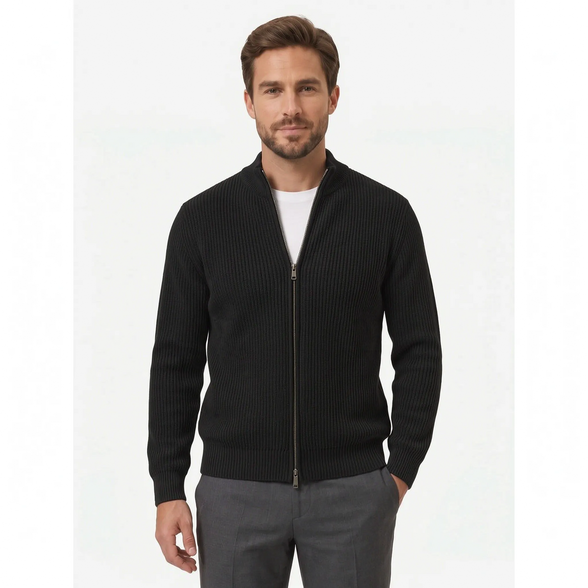 Men's ribbed zip-up cardigan with high collar and long sleeves