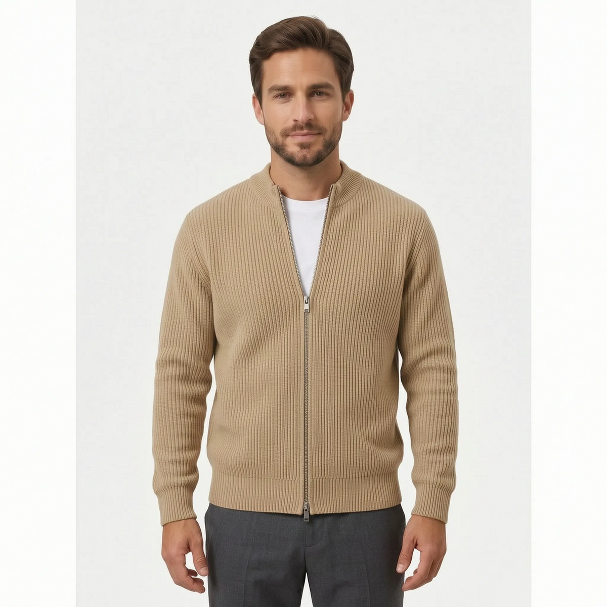 Men's ribbed zip-up cardigan with high collar and long sleeves