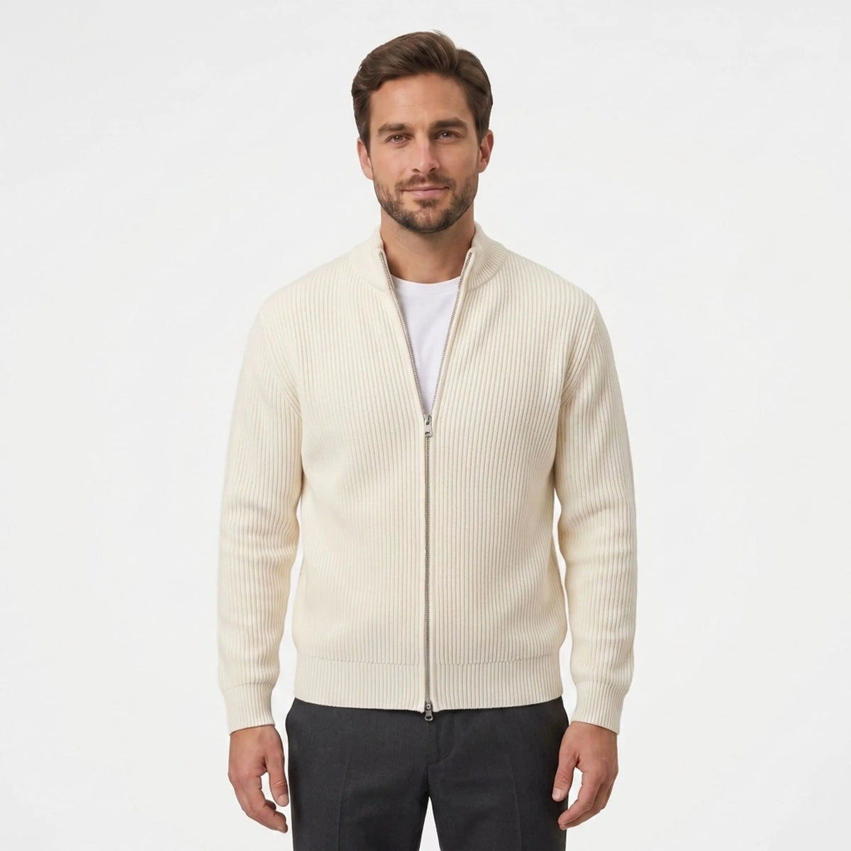 Men's ribbed zip-up cardigan with high collar and long sleeves