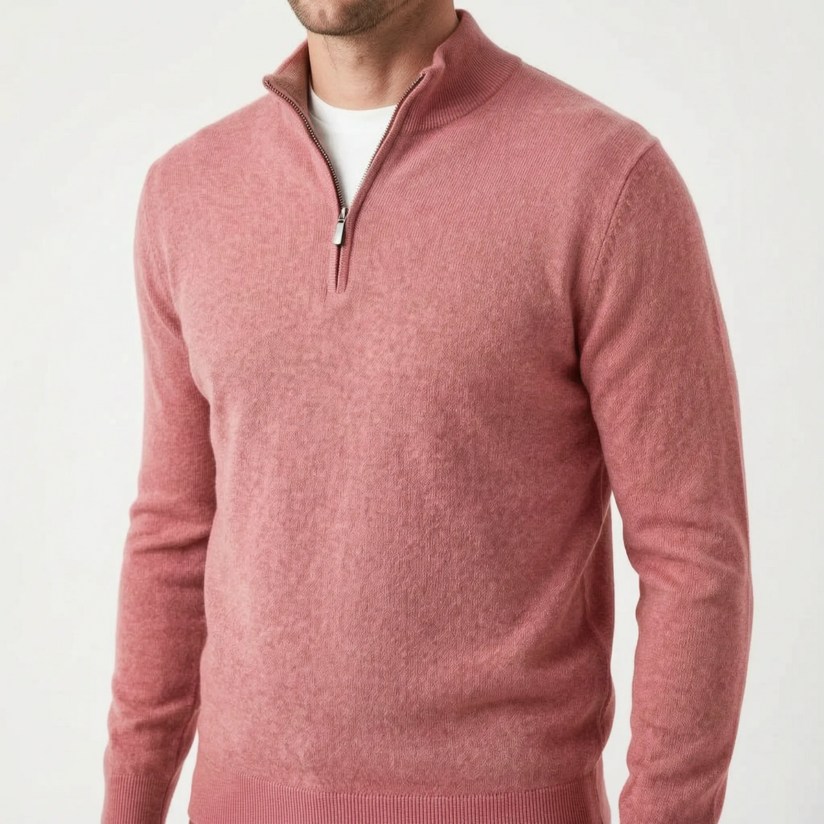 Men's plain quarter zip jumper with mock neckline and long sleeves