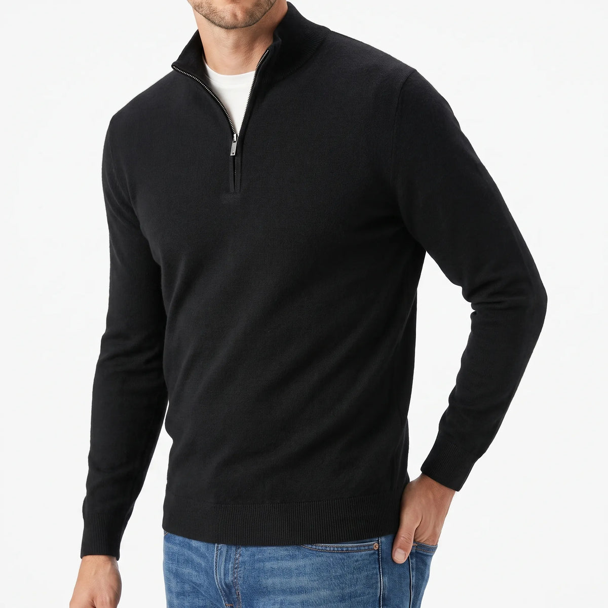 Men's plain quarter zip jumper with mock neckline and long sleeves