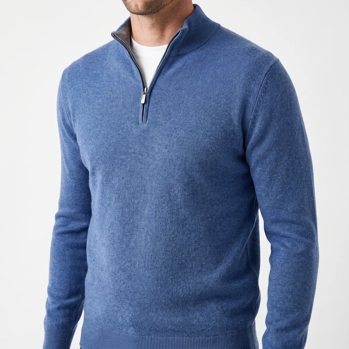 Men's plain quarter zip jumper with mock neckline and long sleeves