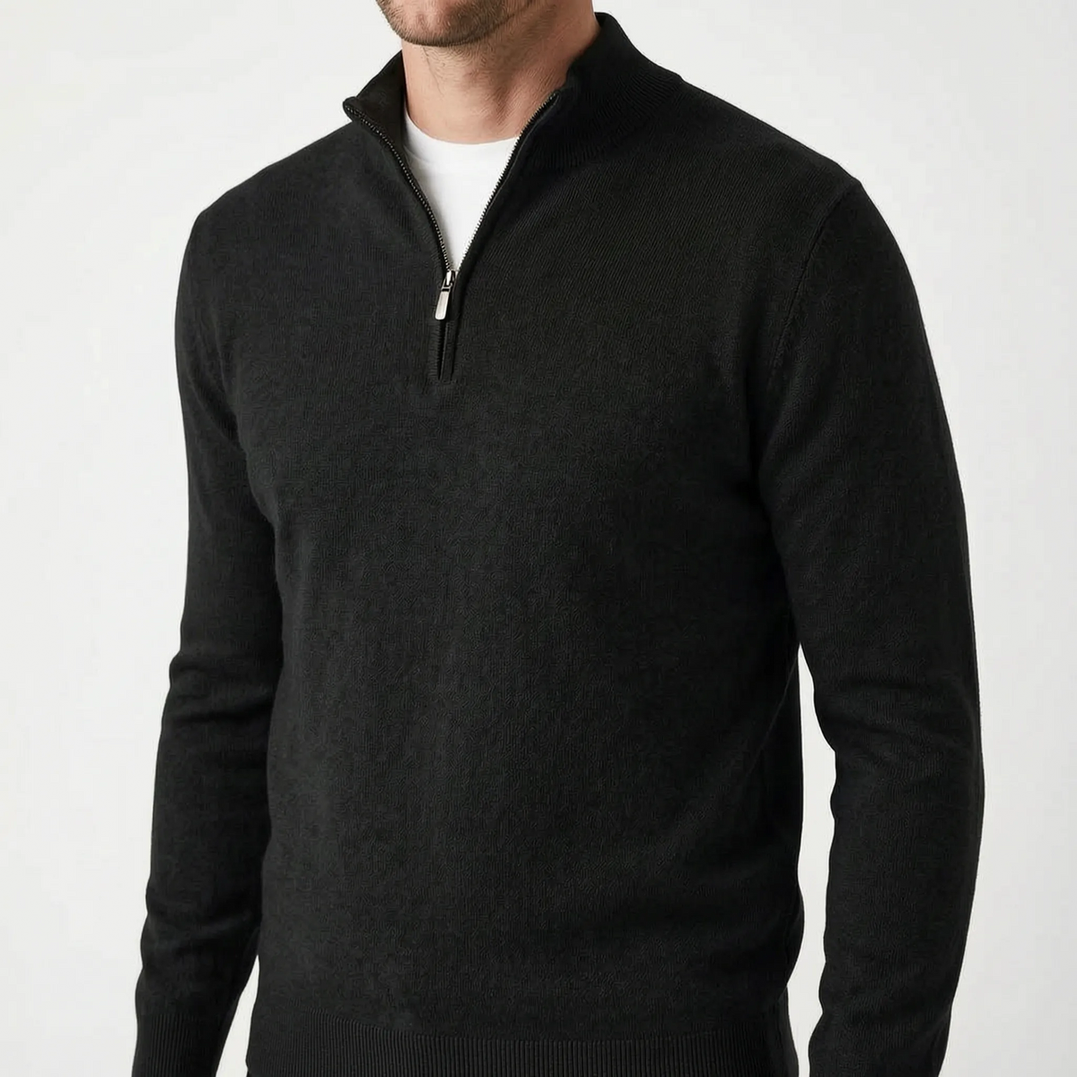 Men's plain quarter zip jumper with mock neckline and long sleeves