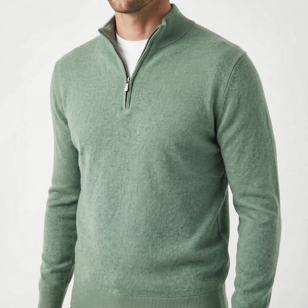 Men's plain quarter zip jumper with mock neckline and long sleeves