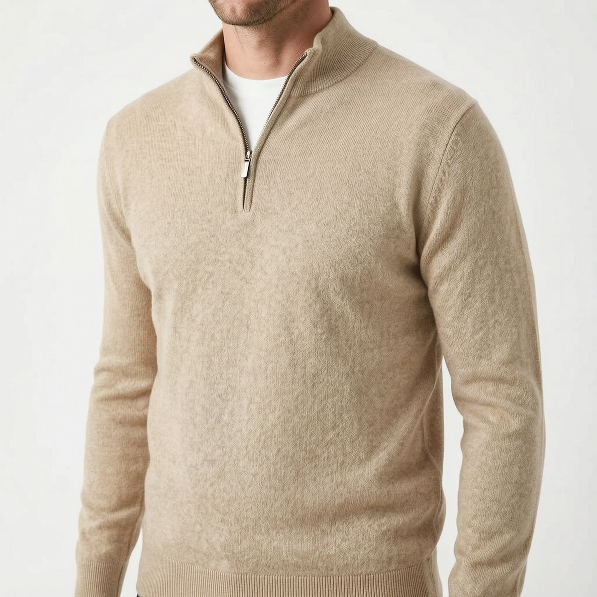 Men's plain quarter zip jumper with mock neckline and long sleeves