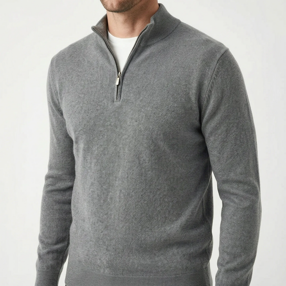 Men's plain quarter zip jumper with mock neckline and long sleeves