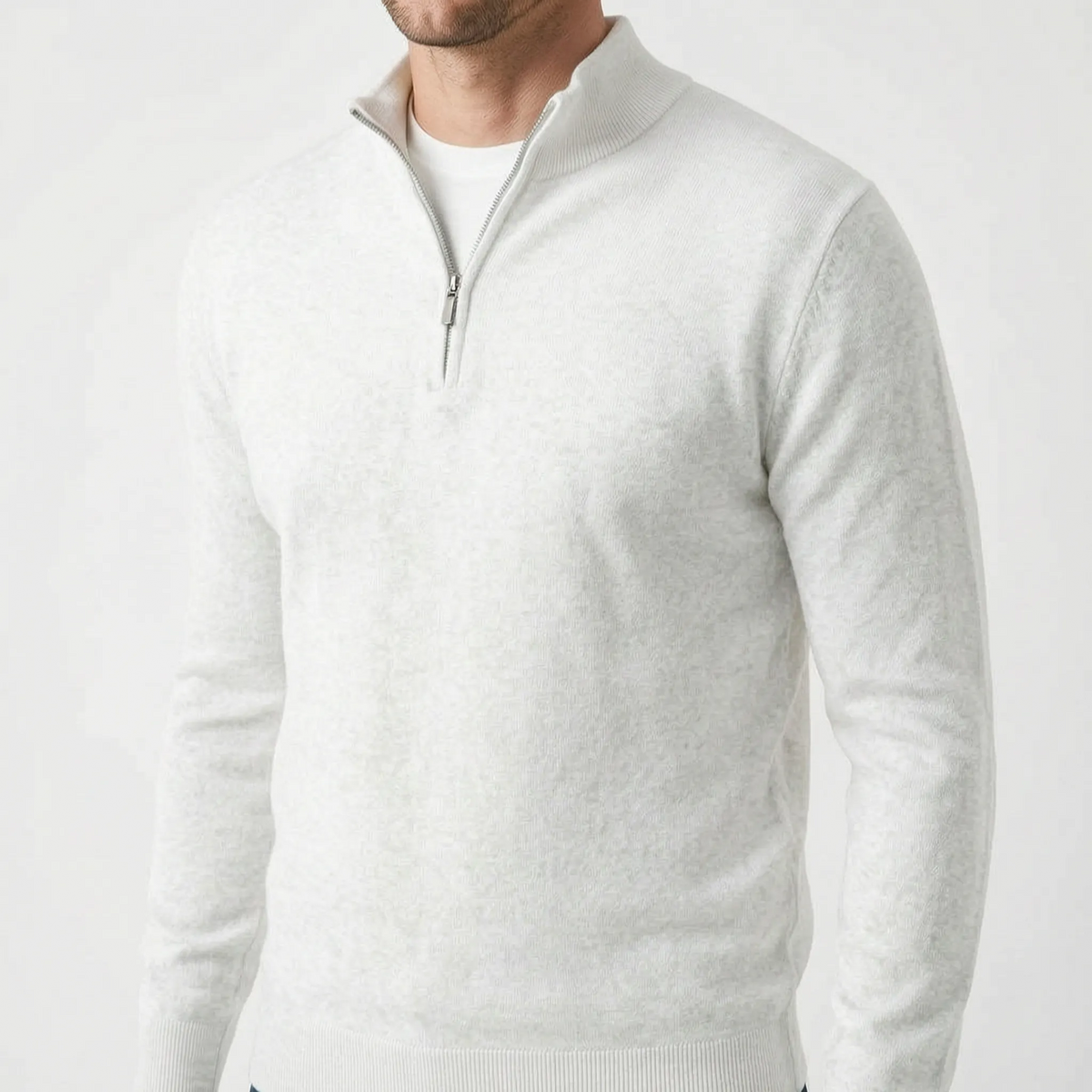 Men's plain quarter zip jumper with mock neckline and long sleeves