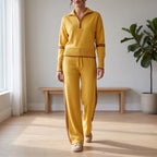 Women's knitted two-piece set with quarter-zip top, wide-leg trousers and contrast stripes
