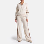 Women's knitted two-piece set with quarter-zip top, wide-leg trousers and contrast stripes