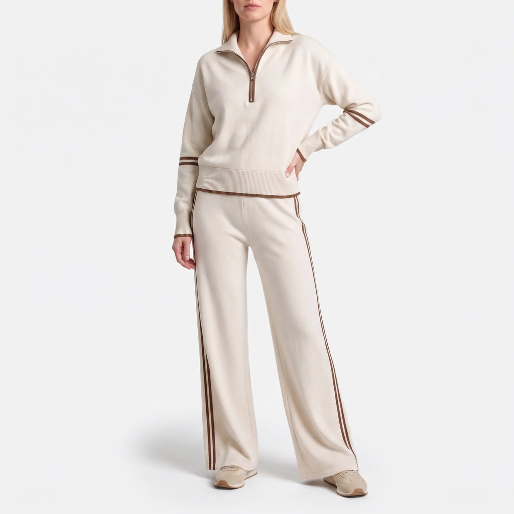 Women's knitted two-piece set with quarter-zip top, wide-leg trousers and contrast stripes