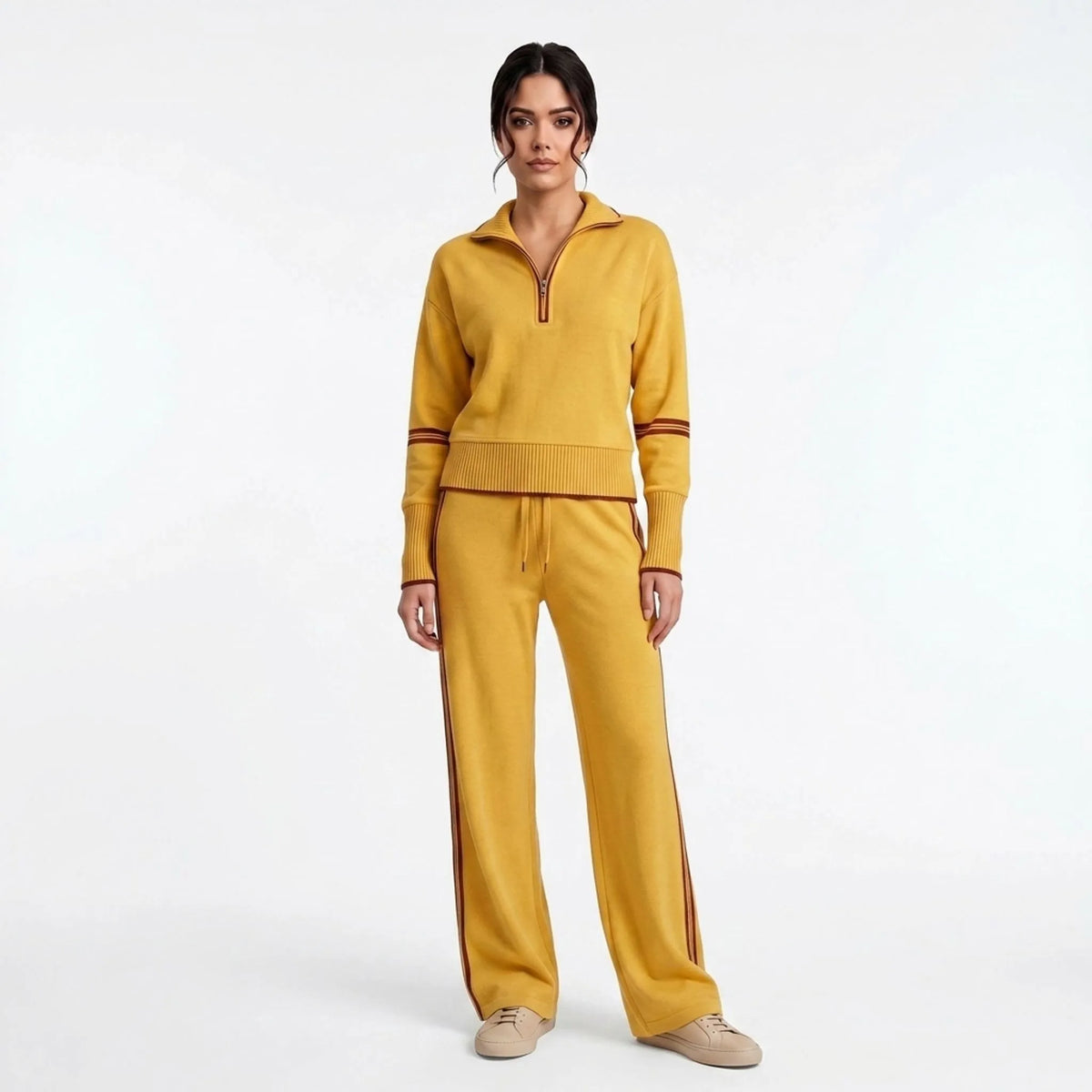 Women's knitted two-piece set with quarter-zip top, wide-leg trousers and contrast stripes