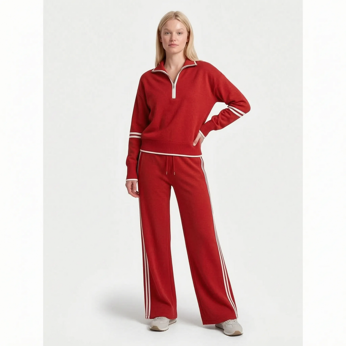 Women's knitted two-piece set with quarter-zip top, wide-leg trousers and contrast stripes