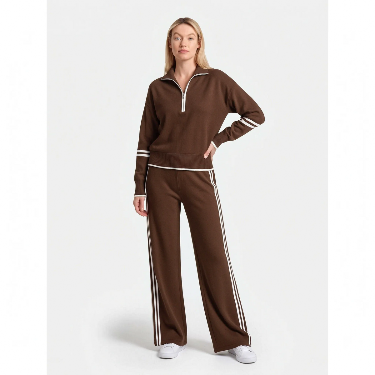 Women's knitted two-piece set with quarter-zip top, wide-leg trousers and contrast stripes