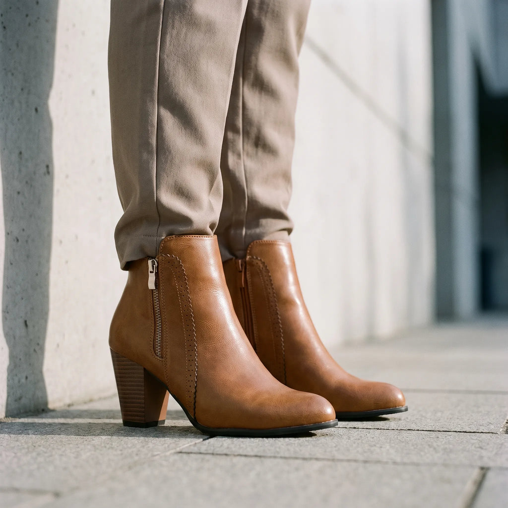 Women's ankle boots with almond toes, side zips and high block heels