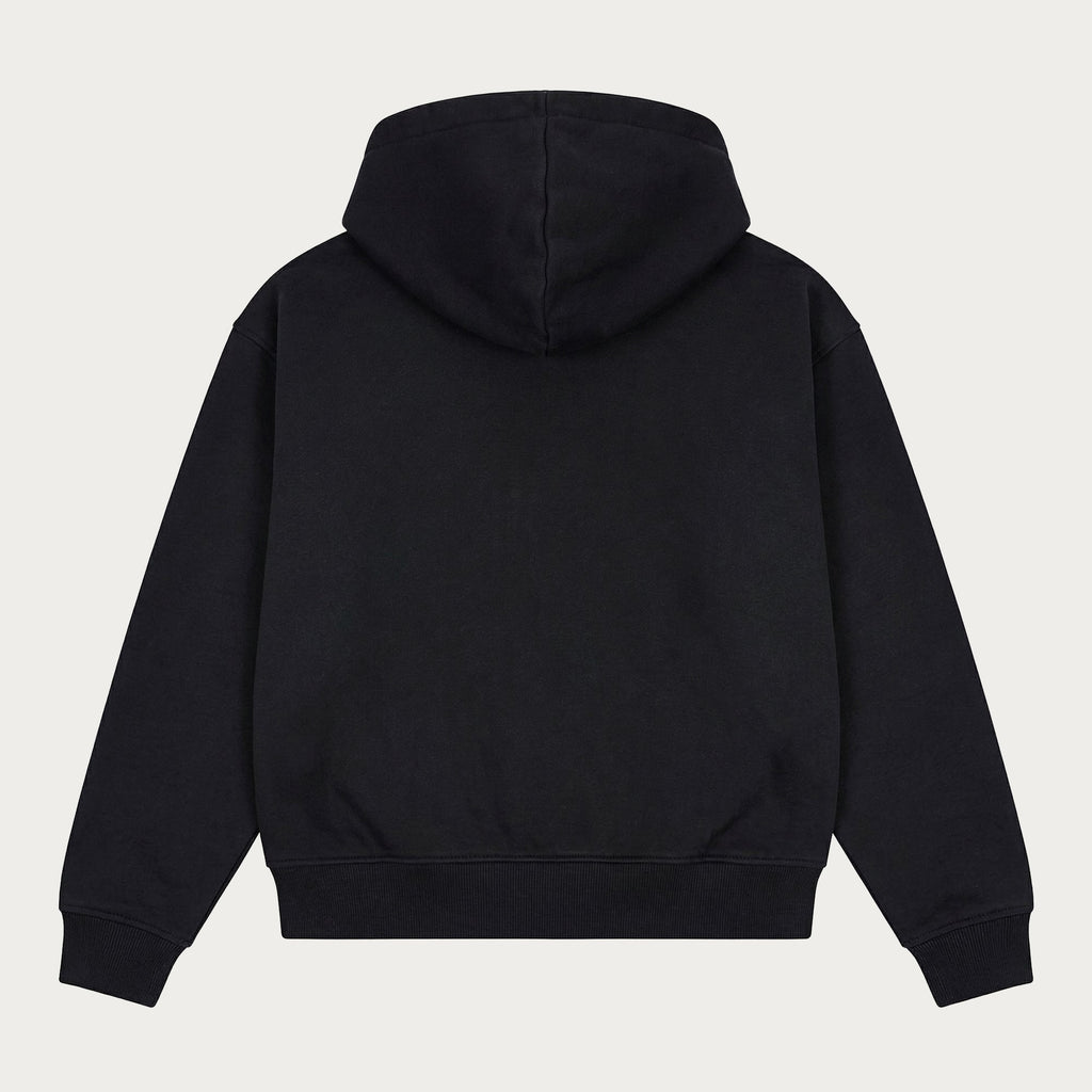 Men's black zip-up hoodie with hood, long sleeves and front pockets