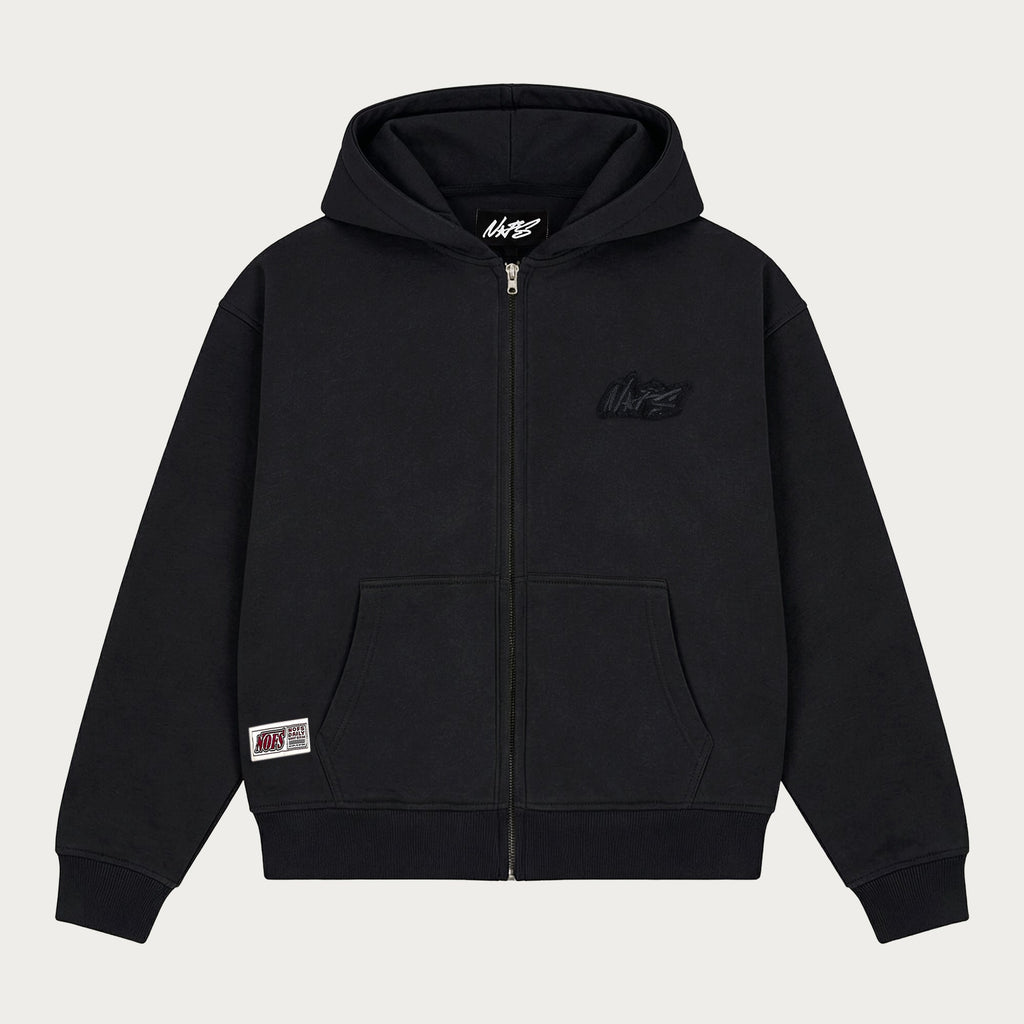 Men's black zip-up hoodie with hood, long sleeves and front pockets