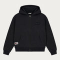Men's black zip-up hoodie with hood, long sleeves and front pockets