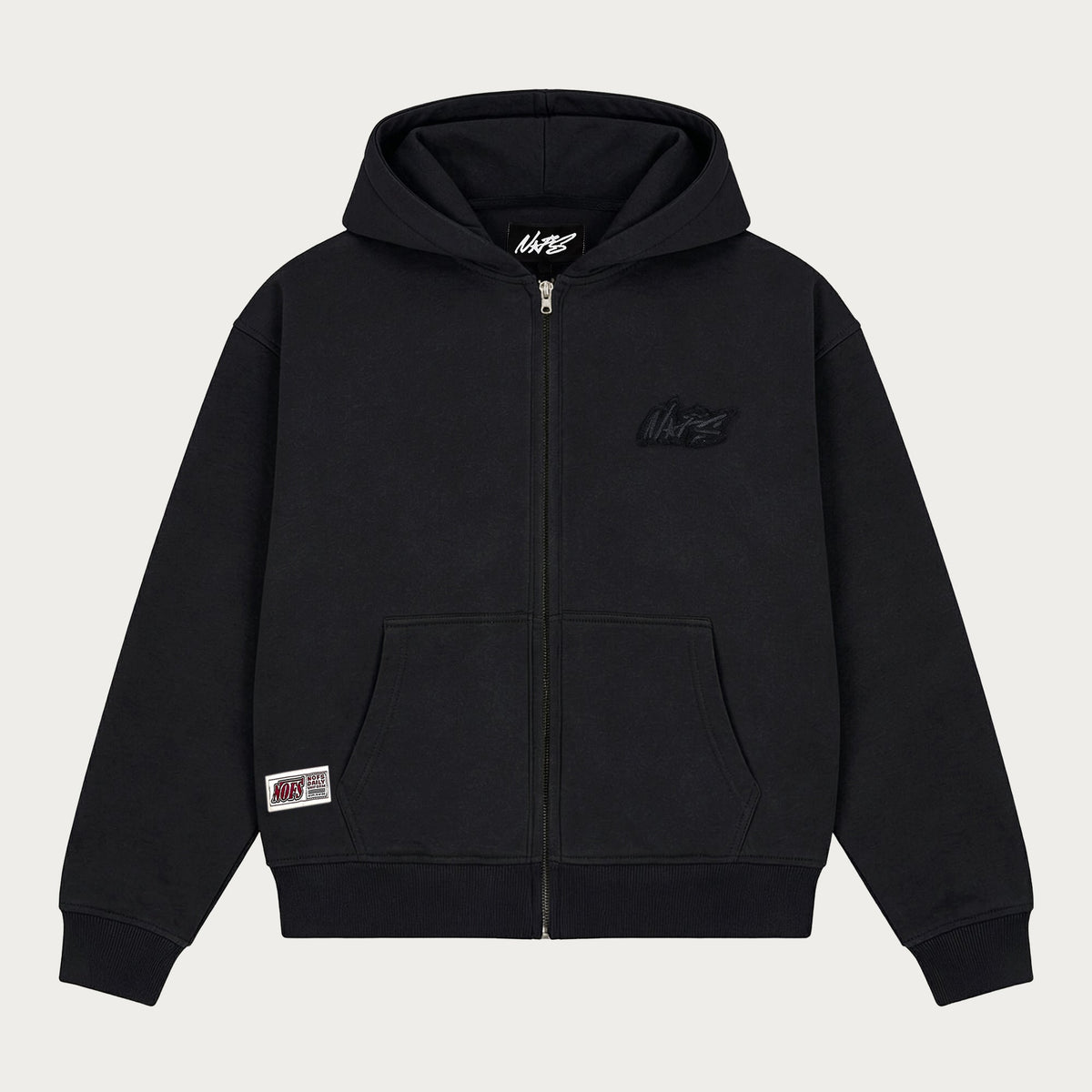 Men's black zip-up hoodie with hood, long sleeves and front pockets