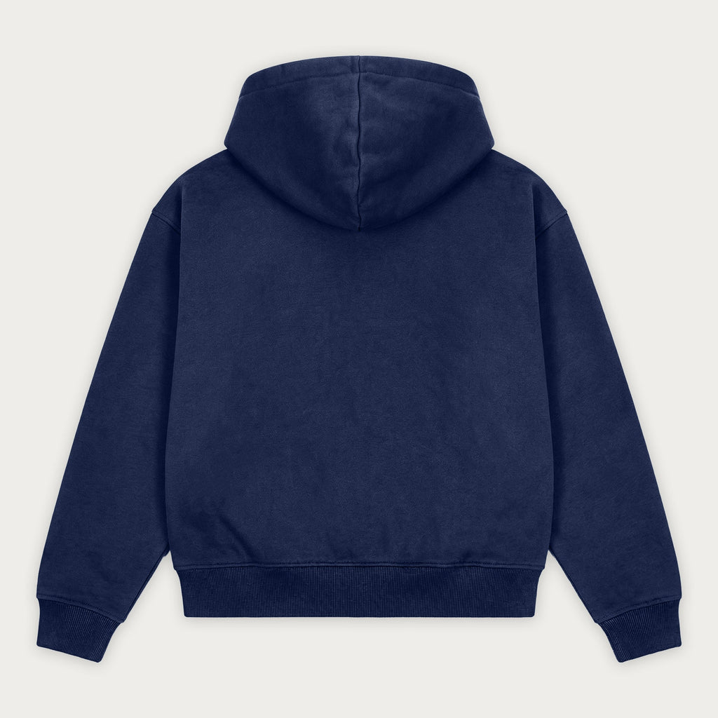 Navy long-sleeve zip hoodie with hood and front pouch pockets