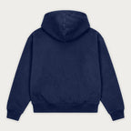 Navy long-sleeve zip hoodie with hood and front pouch pockets