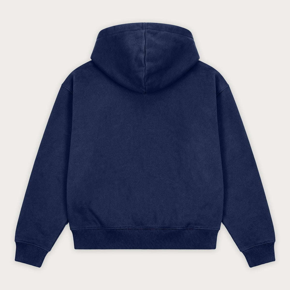 Navy long-sleeve zip hoodie with hood and front pouch pockets