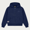 Navy long-sleeve zip hoodie with hood and front pouch pockets