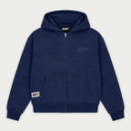 Navy long-sleeve zip hoodie with hood and front pouch pockets