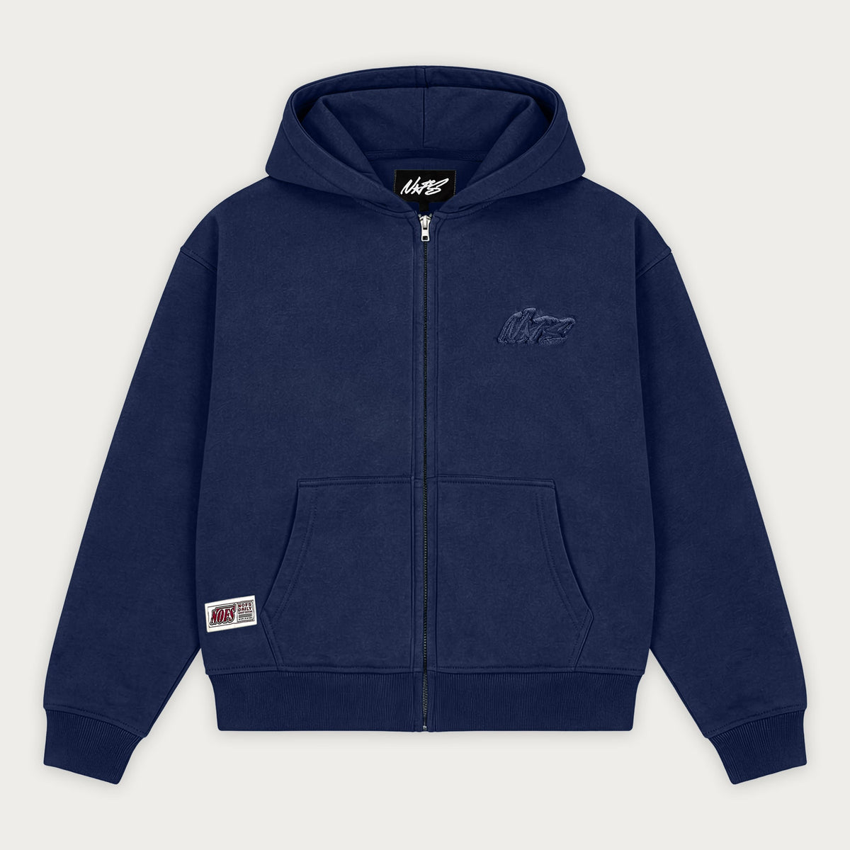 Navy long-sleeve zip hoodie with hood and front pouch pockets