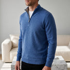 Men's blue quarter zip knit jumper with stand collar and long sleeves