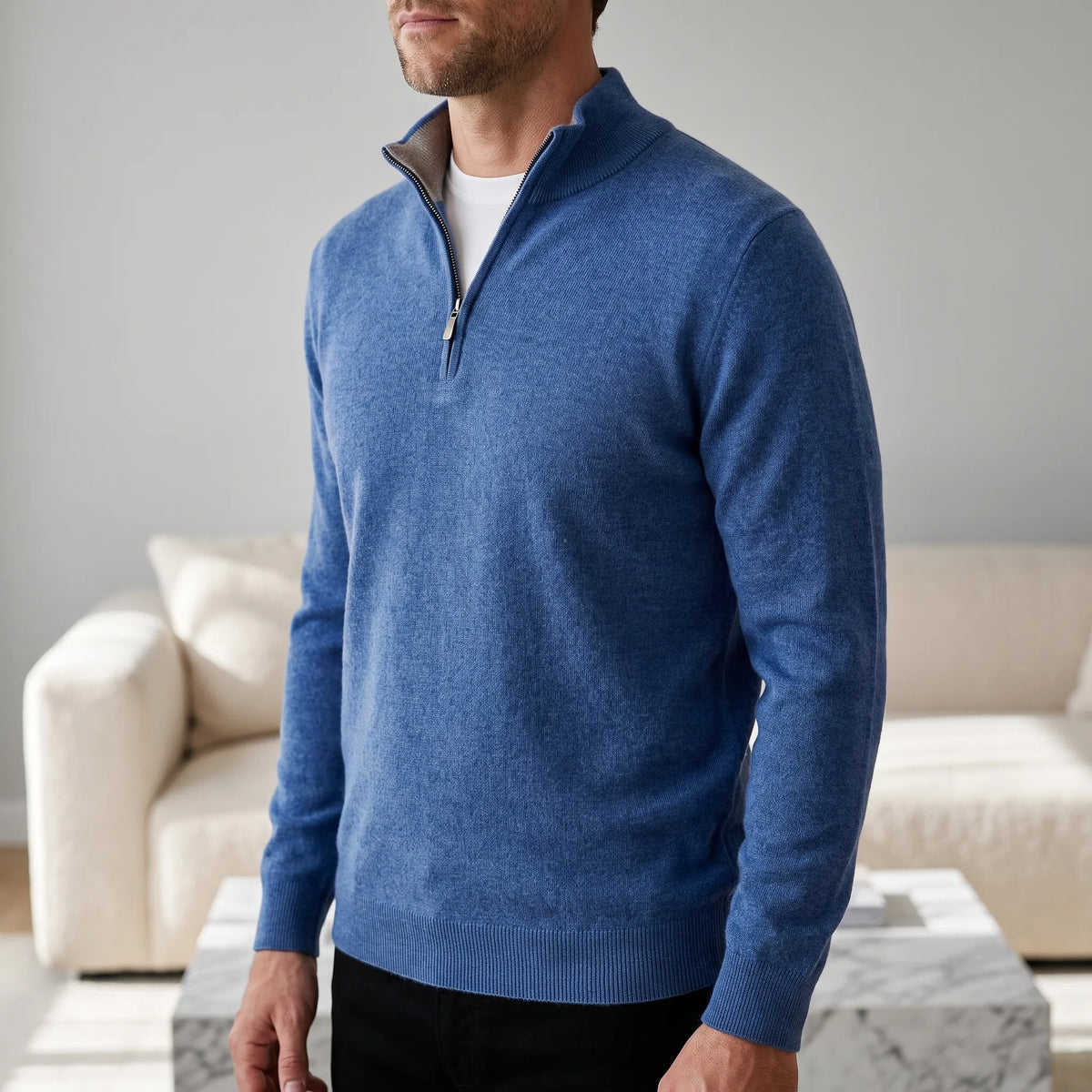 Men's blue quarter zip knit jumper with stand collar and long sleeves