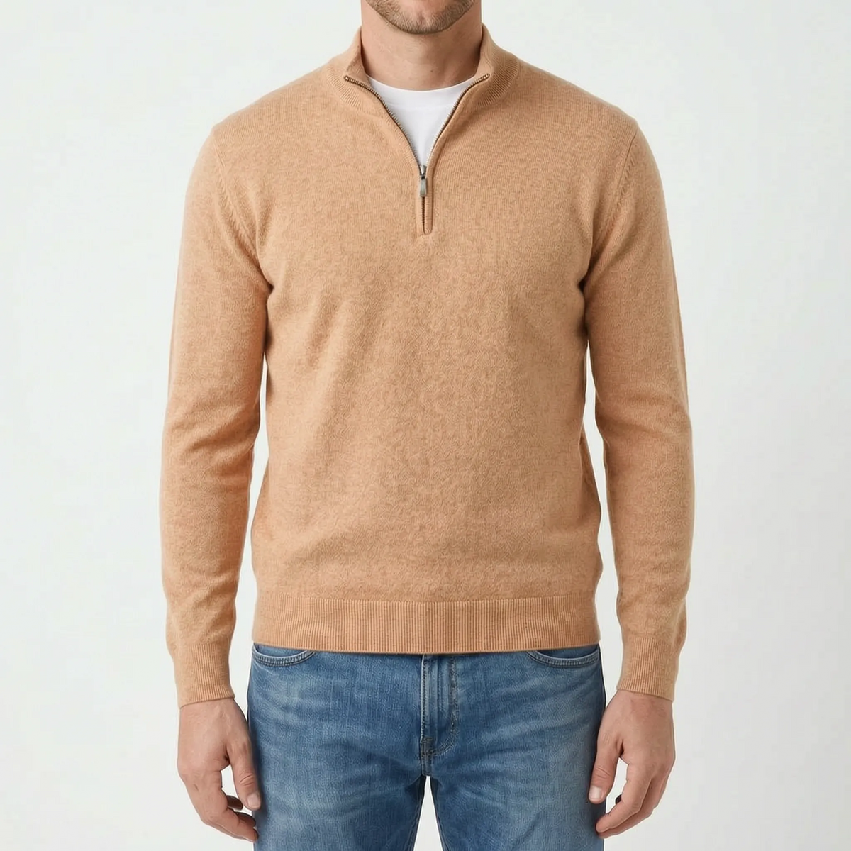 Men's blue quarter zip knit jumper with stand collar and long sleeves