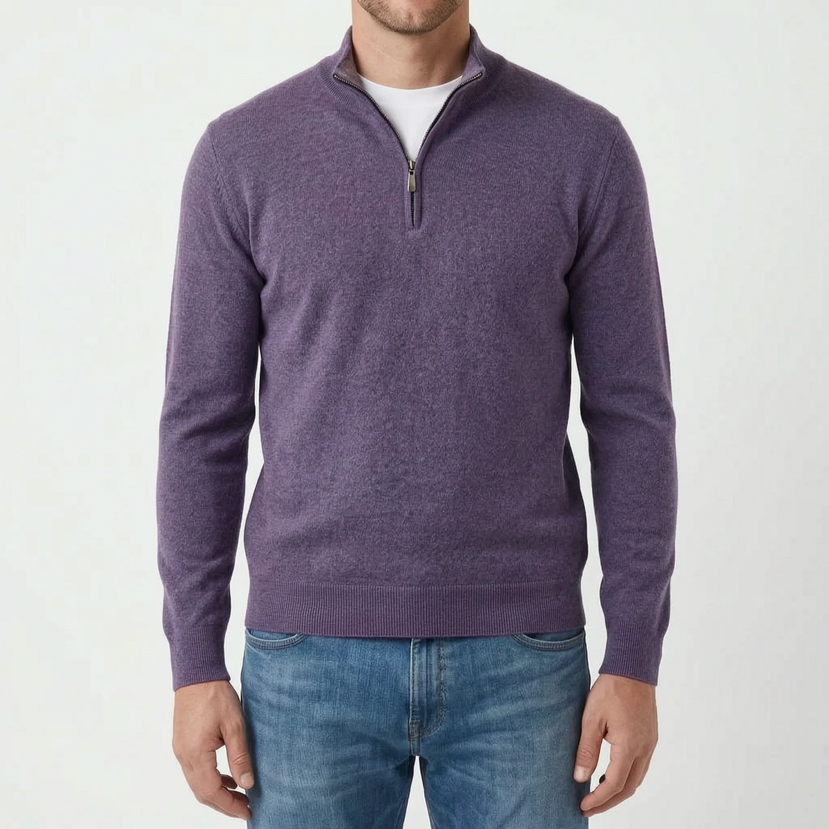 Men's blue quarter zip knit jumper with stand collar and long sleeves