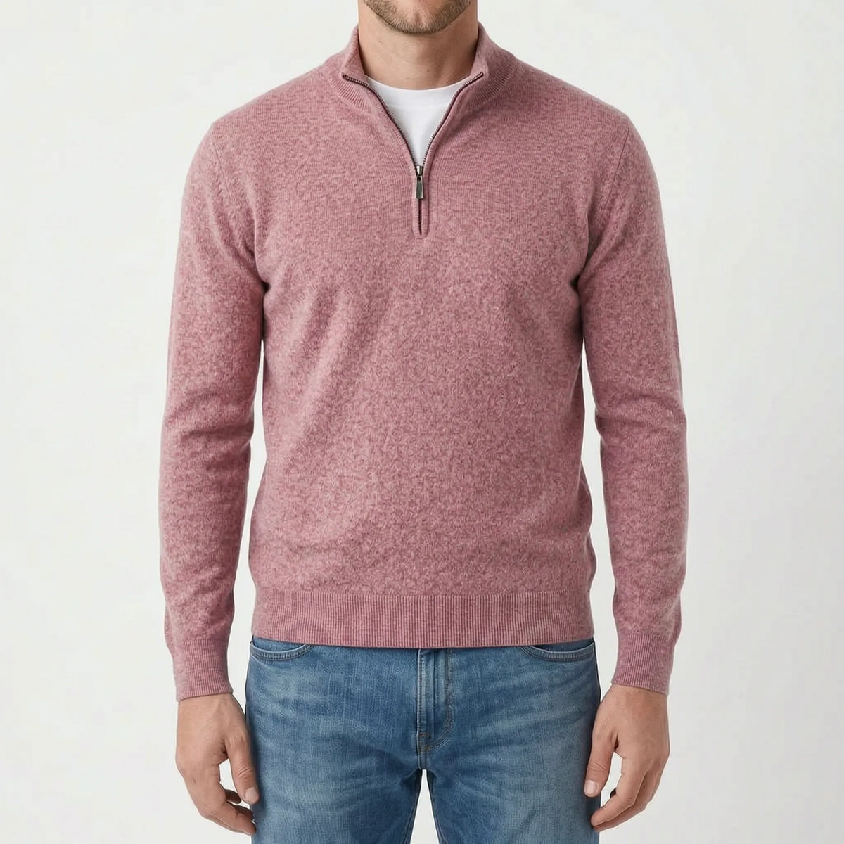 Men's blue quarter zip knit jumper with stand collar and long sleeves