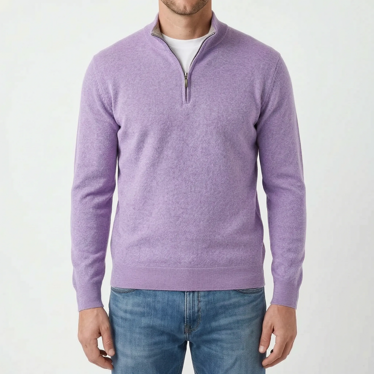 Men's blue quarter zip knit jumper with stand collar and long sleeves