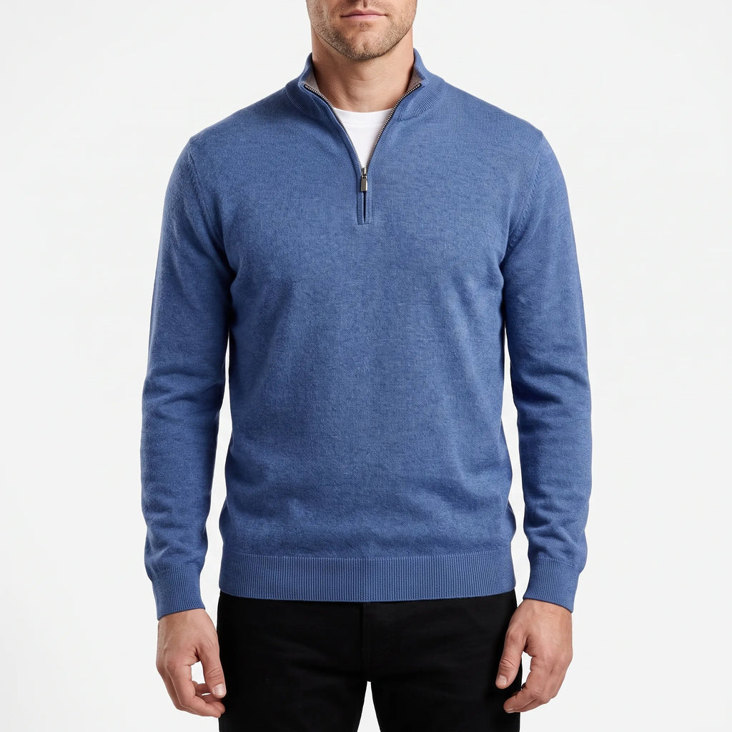 Men's blue quarter zip knit jumper with stand collar and long sleeves