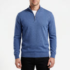 Men's blue quarter zip knit jumper with stand collar and long sleeves