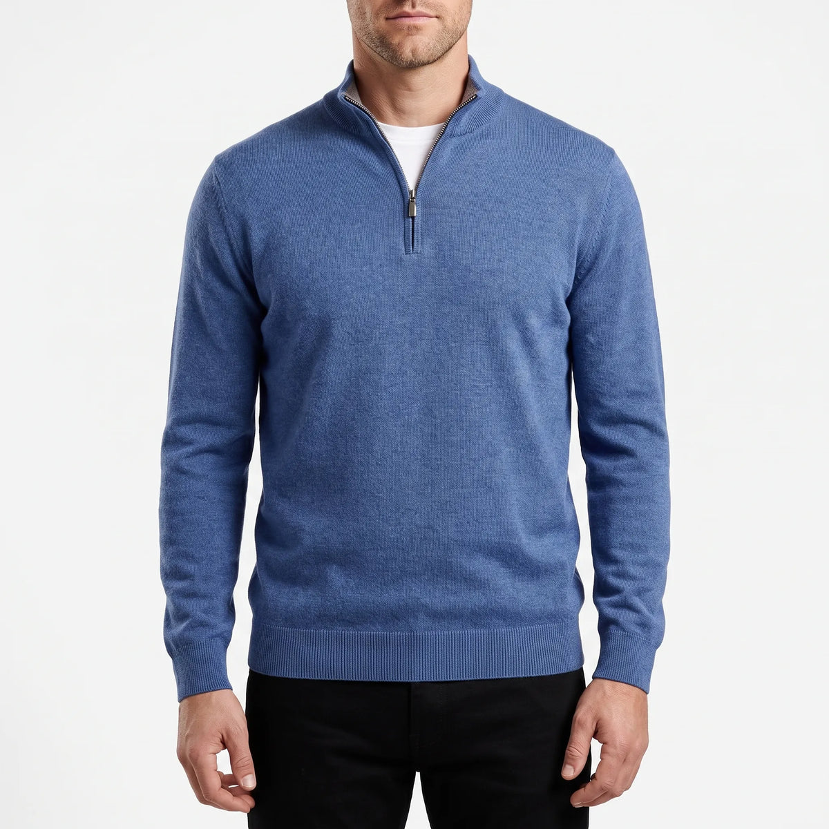 Men's blue quarter zip knit jumper with stand collar and long sleeves
