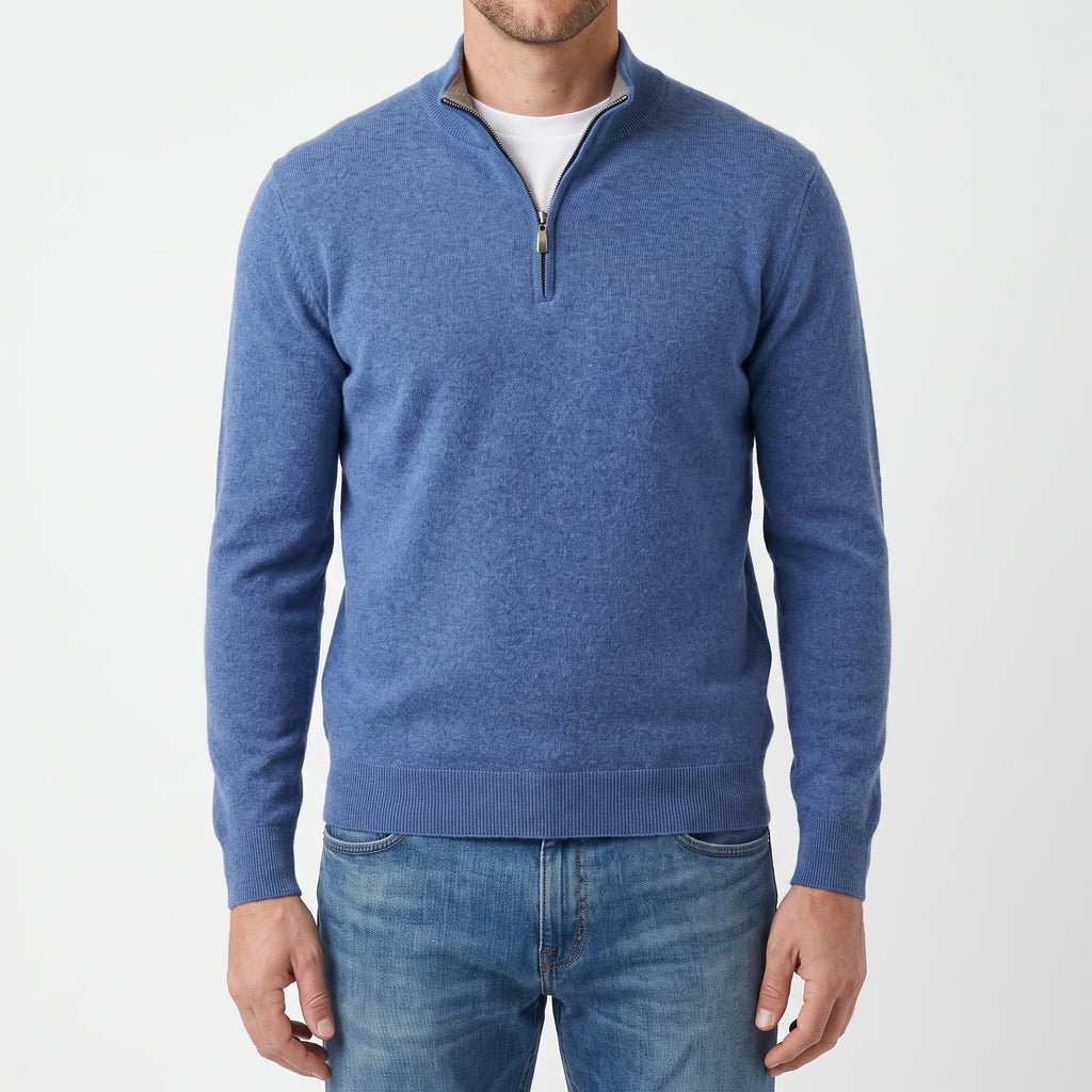 Men's blue quarter zip knit jumper with stand collar and long sleeves