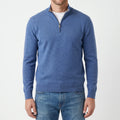 Men's blue quarter zip knit jumper with stand collar and long sleeves
