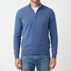 Men's blue quarter zip knit jumper with stand collar and long sleeves