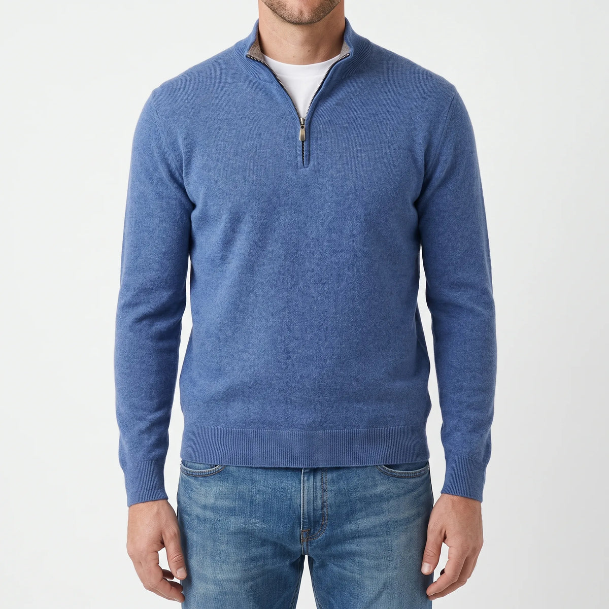 Men's blue quarter zip knit jumper with stand collar and long sleeves