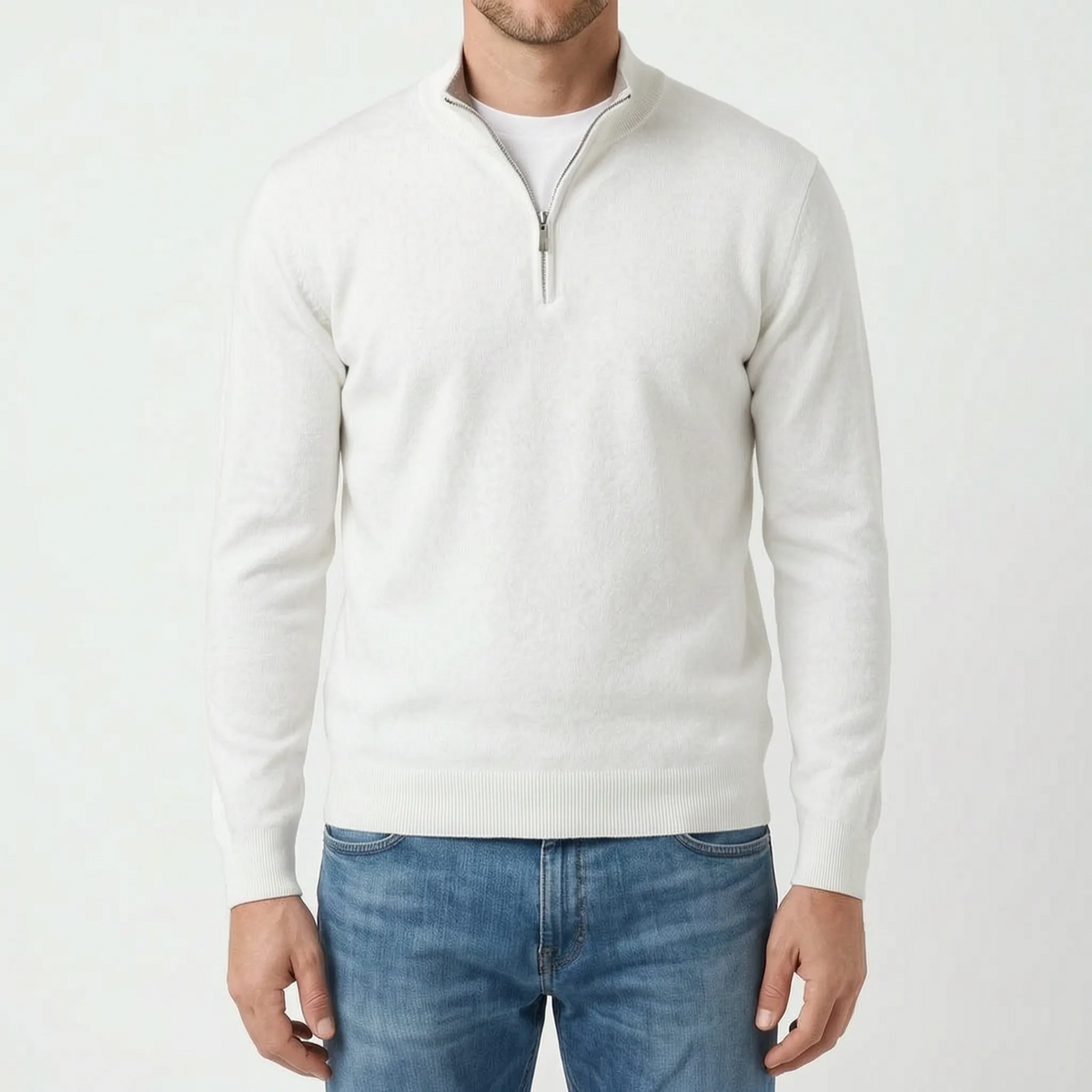 Men's blue quarter zip knit jumper with stand collar and long sleeves