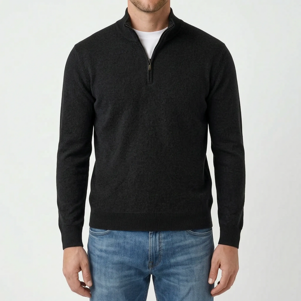 Men's blue quarter zip knit jumper with stand collar and long sleeves