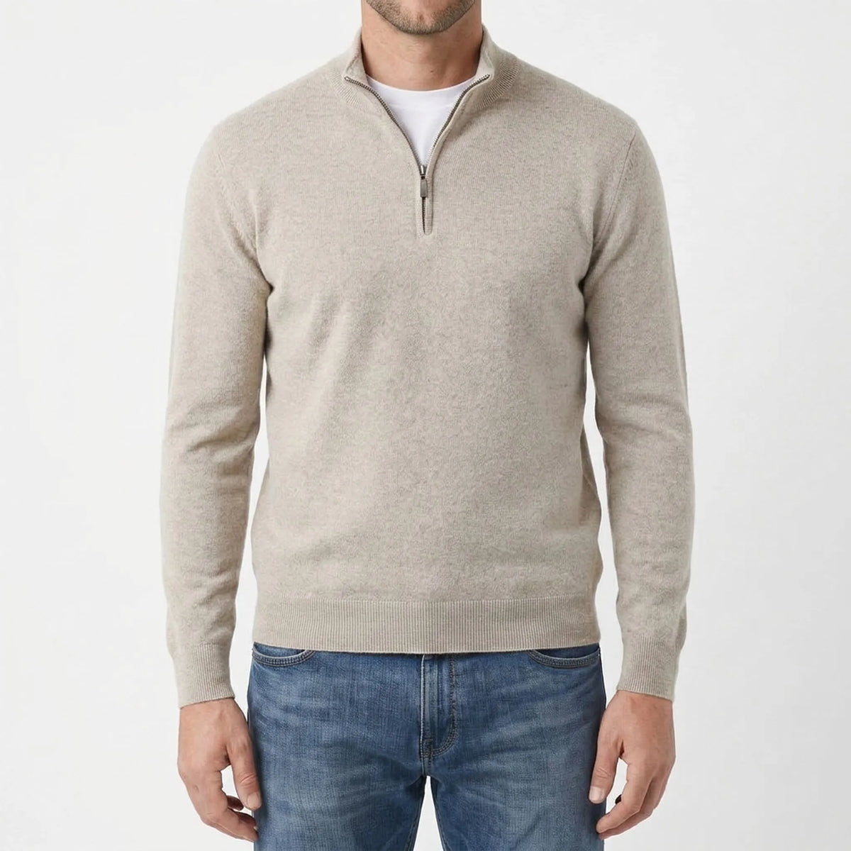 Men's blue quarter zip knit jumper with stand collar and long sleeves